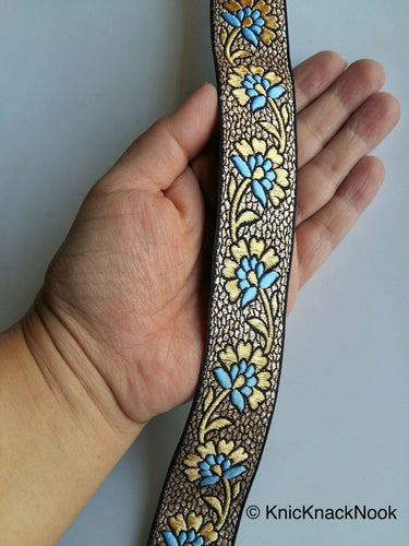 Black Fabric Lace With Floral Design, Gold And Pink /Blue /Gold/ Bronze Embroidered Trim, Approx. 30mm wide